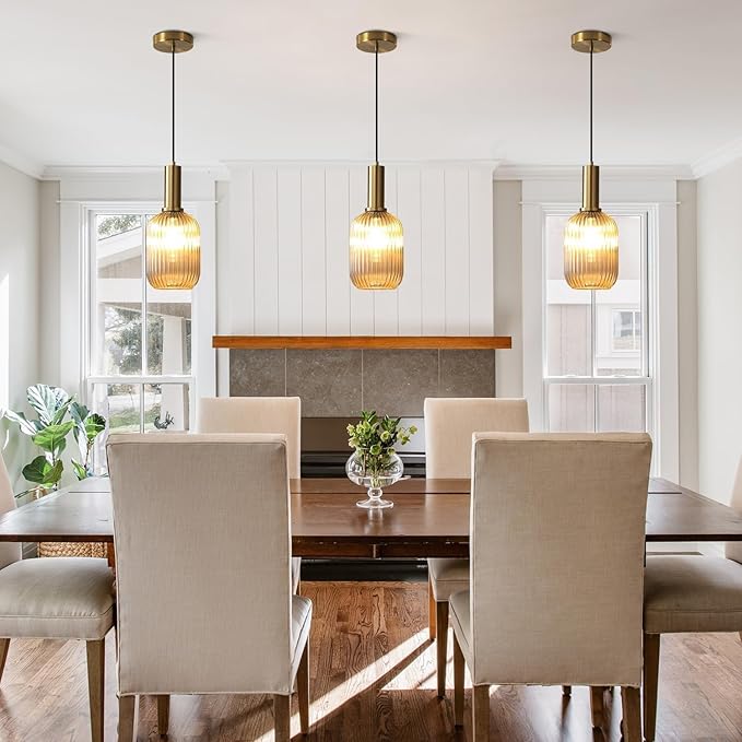 KCO Lighting 1-Light Amber Glass Ceiling Light Fixture Vintage Striped Glass Pendant Light Farmhouse Cylinder Pendant Light Gold Mini Kitchen Island Pendant Lighting Single Hanging Light