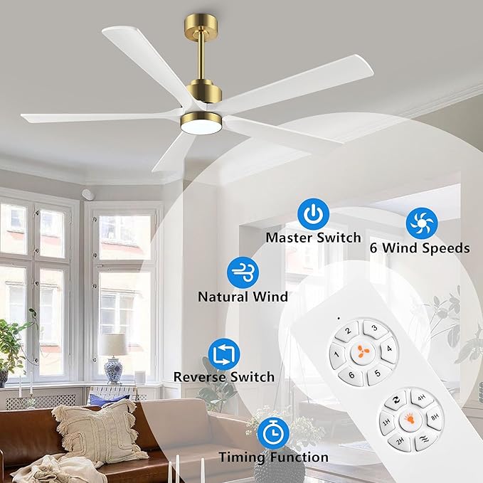 ELEHINSER 52" Modern Ceiling Fan with Lights and Remote Control, 5 Solid Wood Blades 6-Speed Noiseless Reversible DC Motor, Ceiling Fan for Bedroom Dinning Living Room, Gold Finish with White Blade