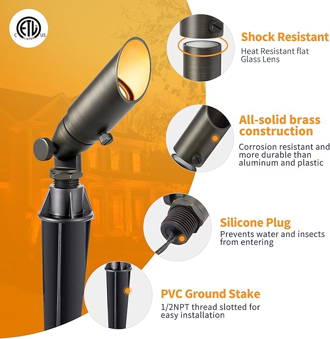 Gardenreet Brass Landscape Lighting - Outdoor Low Voltage Spotlights Wired, MR8 Low Light 12V LED Uplights, Waterproof Spot Lights, Bronze for Outside Shrub Without Bulb (4 Pack)