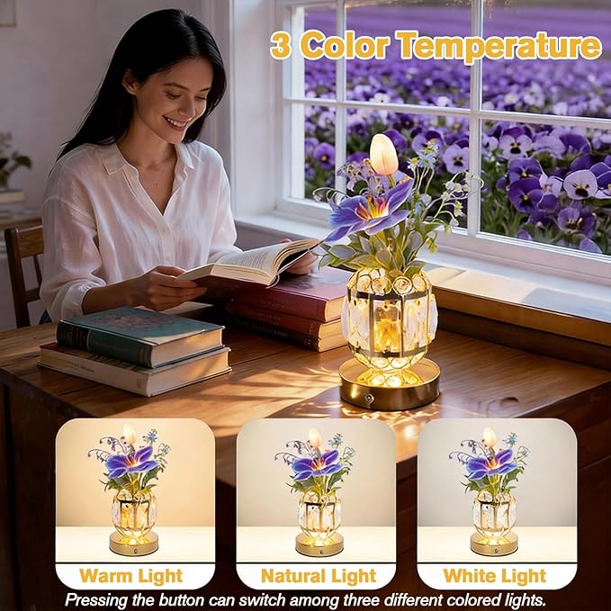 Flower Table Lamp, 3-Color Dimmable Tulip Artificial Flowers Night Light, Rechargeable Cordless Small Lamp, Ambient Light with Crystal Vase for Party Home Desk Decorations (Purple Blue - Flower)