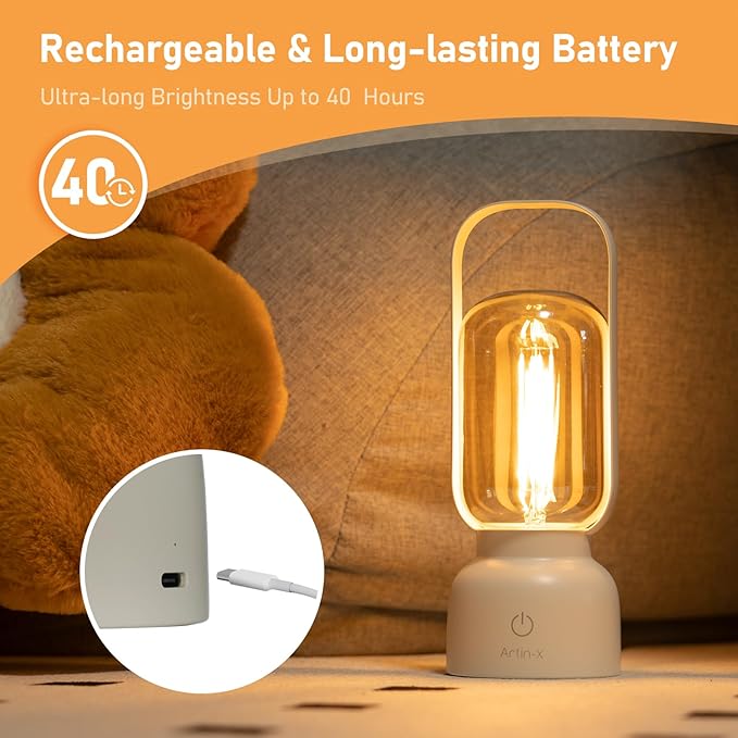 Retro Cordless Lantern Table Lamp, 40 Hours Long Lasting Dimming Night Light, Small Rechargeable Battery Operated Light for Nightstand, Decoration, Gift- White