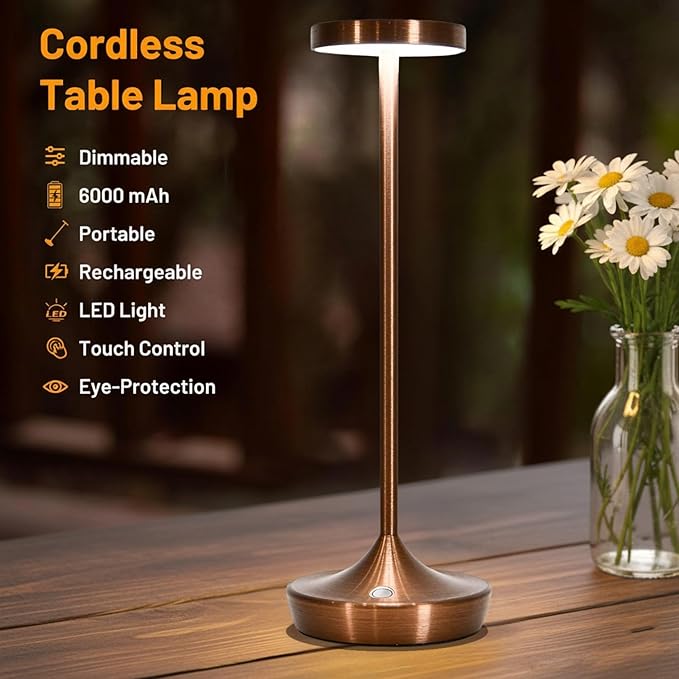 Cordless Table Lamp Rechargeable - 6000mAh LED Battery Operated Table Light - Portable Touch Dimmable Outdoor Waterproof Table Lamps for Patio Bar Restaurant Dining (2 Brown)