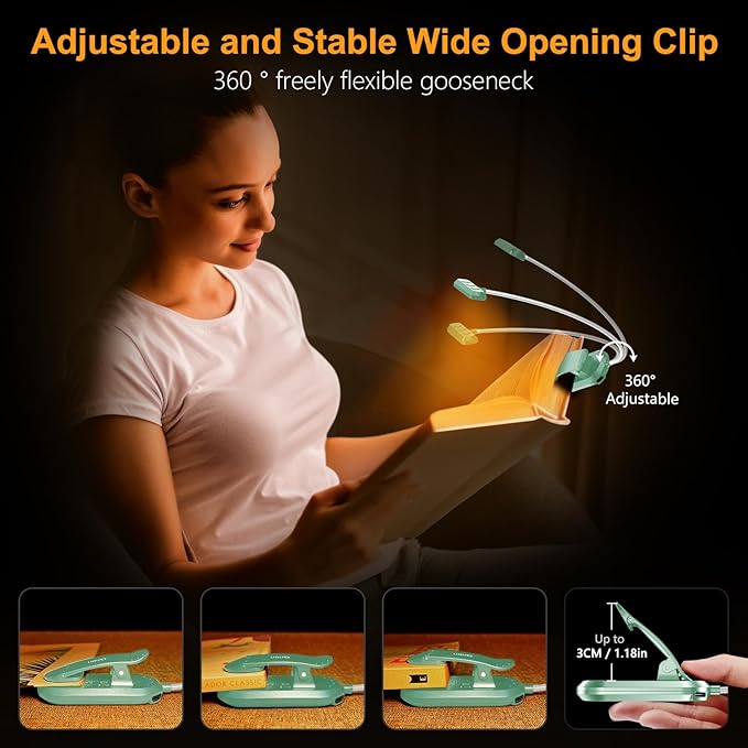 Gritin Rechargeable Book Light for Reading in Bed with 19 LED &Memory Function-Eye Caring 3 Color Temperatures,5 Brightness Levels,90 Hrs Runtime Flexible Goose Neck Clip on Light-Cyan