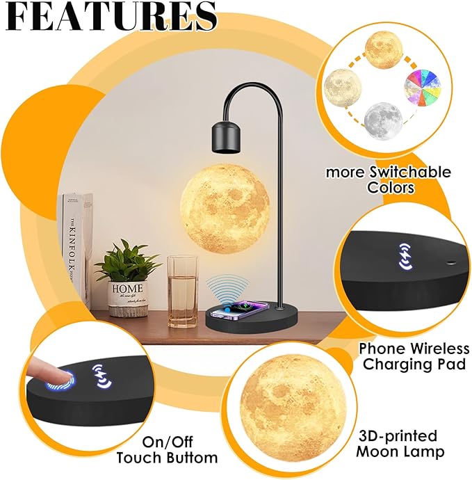 Magnetic Levitating Moon Lamp with Wireless Charging Base, 16M+ Swichable Colors, 3D Printed Floating LED Night Light for Bedroom Decor