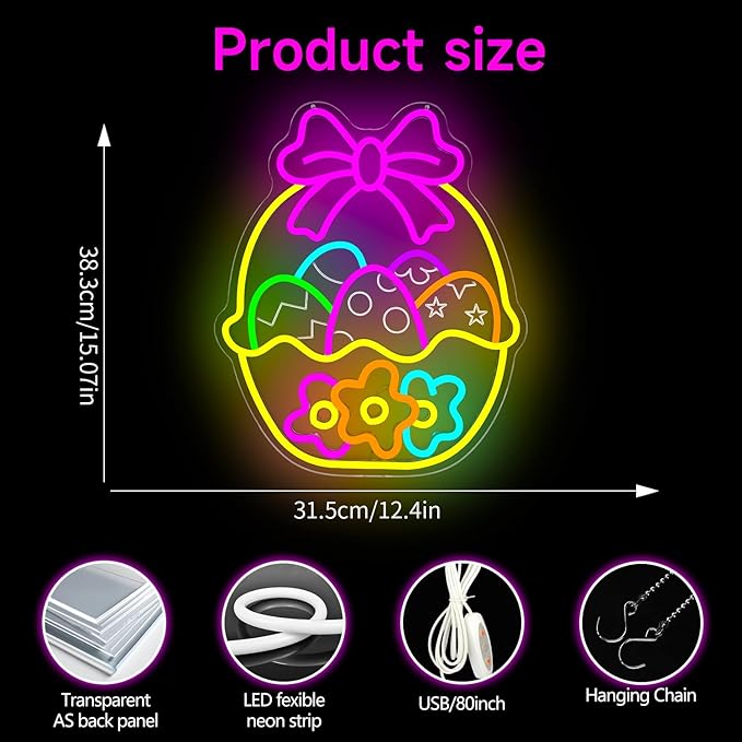 Easter Neon Sign for Wall Decor Flower Easter Basket Neon Light Egg Led Sign Easter Decorations Dimmable Bow Basket Light Up Signs for Window Party Gifts Bedroom Holiday Spring Bar Home Business