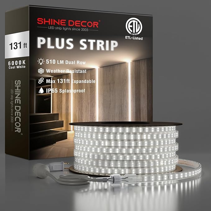 Shine Decor Plus LED Strip Lights AC 120V, Connectable Double Row Bright Rope Light, ETL IP65 Waterproof & Weather-Resistant for Accent Lighting, 7x17mm, 6000K Cool White, 131FT