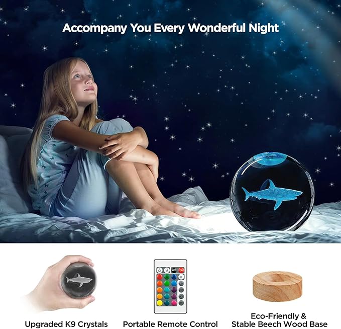 3D Shark Crystal Ball Night Light with Remote Upgraded 3.15 in Shark Glass Ball Table Lamps with 16 Color Led Wooden Base for Birthday Xmas Cool Shark Figurines Room Decor Gifts for Kids Teen