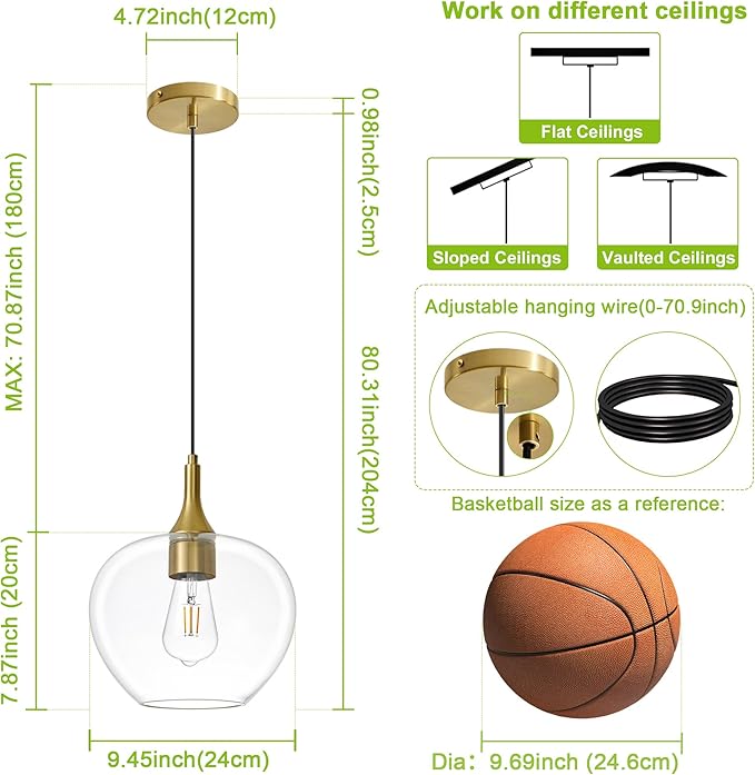 Glass Pendant Lights Kitchen Island, Brass Gold Pendant Lighting Fixtures, Modern Hanging Ceiling Light with 9.45'' Clear Glass Shade for Farmhouse Dining Room Bedroom Hallway(1 Pack)