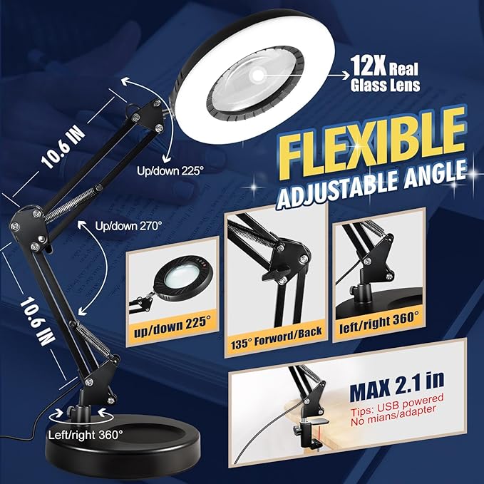 12X Magnifying Glass with Light and Stand, 144 LEDs Brightest Desktop Magnifying Lamp, 10 Dimmable Brightness 5 Color Modes, Hands Free Metal Desk Lamp for Craft Reading Painting (Black)