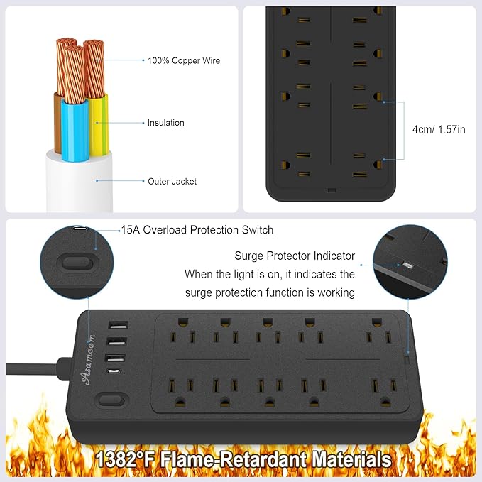 6 FT Power Strips with Surge Protection 1625W/13A, 10 Outlets with 4 USB Ports (1 USB C) Long Extension Cord with Multiple Outlets 14-in-1 Flat Plug Power Strip Protector 1700J 16Awg Black ETL Listed
