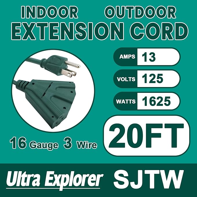 20 Ft Indoor Outdoor Extension Cord with 3 Electrical Power Outlets - 16/3 SJTW Long-Lasting Green Cable with 3 Prong Grounded Plug