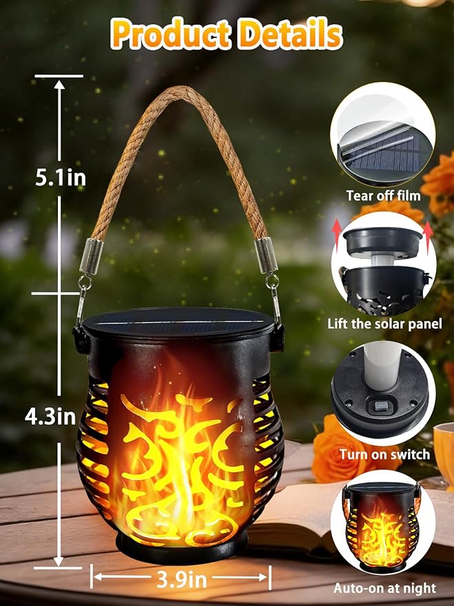 1 Pack Solar Lights Outdoor Waterproof, Solar Lantern with Realistic Flickering Flame, Auto On/Off Solar Powered Garden Light with Hemp Rope Handle for Outside Tree Patio Porch Tabletop Decorations