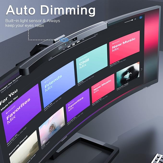 ONWAY Curved Monitor Light Bar with Wireless Remote,Monitor Light Bar with Auto-Dimming and Camera Base,Applicable to All Screens. No Screen Glare,for (Basic)