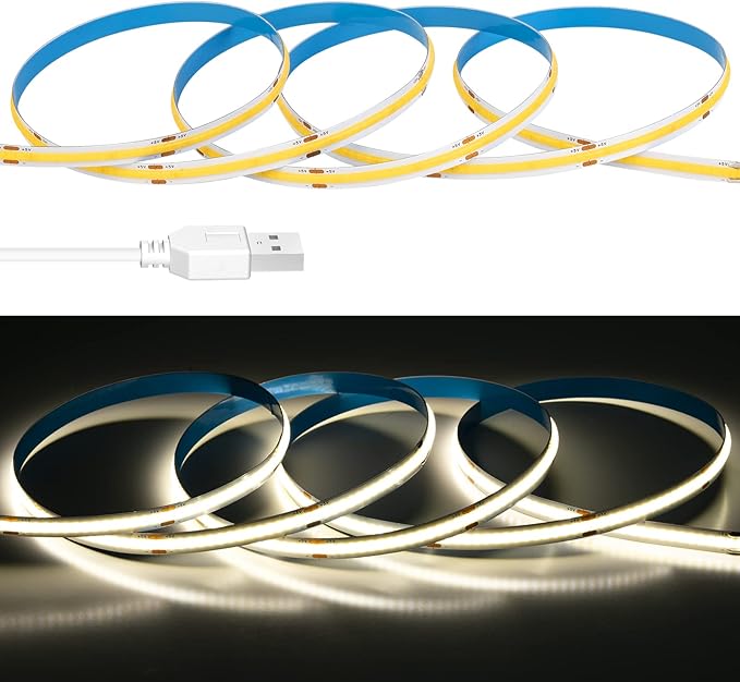 USB LED Light Strip 6.56FT, 5 Volt USB Powered COB LED Tape Lights, 4000K Natural White 8mm High Density Flexible Strips CRI90+ for TV Backlight Under Cabinet Bedroom, No Controller and Power