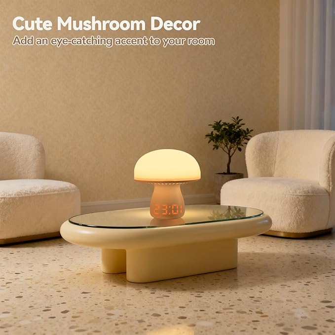 Mushroom Lamp with Clock, Cute Touch Bedside Table Lamps for Bedroom Living Room Decor, Small Portable Wireless Desk Lamp for Nightstand, Rechargeable Mushroom Night Light for Kids Adults (Model A)