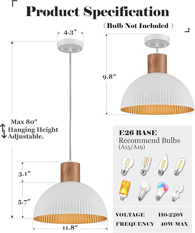 ELYONA Modern Ash Wood Pendant Light Fixtures 12" Hanging Lamp Nordic White Metal & Gold Inner Finish Boho Pendant Light for Farmhouse Kitchen Island Dining Room Bedroom Living Room Hallway