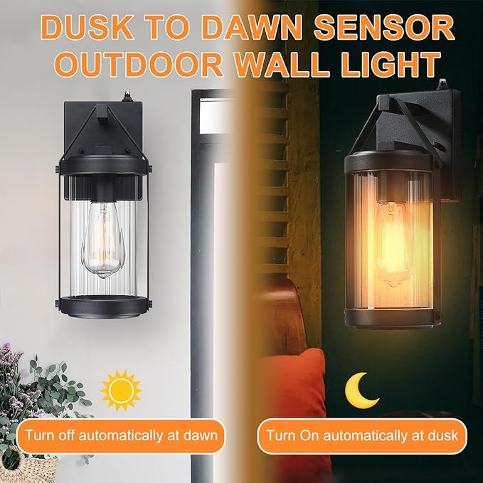 LONEDRUID Dusk to Dawn Sensor Outdoor Wall Sconce Lighting Black Exterior Porch Lantern Waterproof Outside Garage Light Fixtures Wall Mount for House Patio Entryway