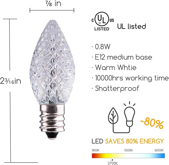 50 Pack C7 Led Replacement Christmas Light Bulb, C7 Shatterproof Led Bulbs for Christmas String Lights, E12 Candelabra Base, Commercial Grade Dimmable Holiday Bulbs, Warm White