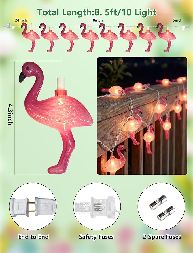 8.5Ft Pink Flamingo String Lights, Summer Tropical Themed Decorations String Lights with 10 Plastic Bulbs, Hanging Spring Camping Lights for Indoor Outdoor Patio Party Birthday Wedding Holiday Decor