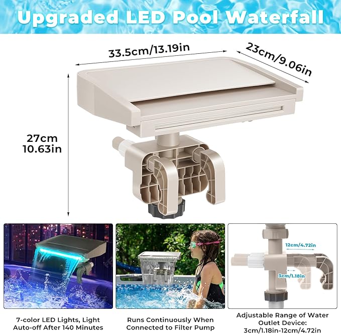 LED Pool Fountain Waterfall for Above Ground Pools, 7 Different Lighting Colors, Smooth Flowing Pool Waterfall Relaxing Cascade for Outdoor Decor, Adjustable Width Fits Various Frames