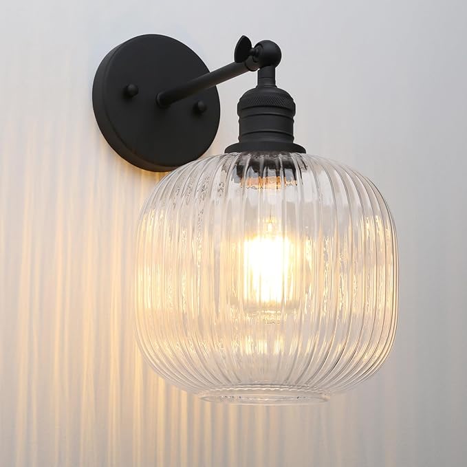 Pathson Modern Wall Sconce Lamp Clear Striped Round Glass, Hardwired Vintage Wall Vanity Light Fixture for Farmhouse Living Room Bedroom Bathroom Loft