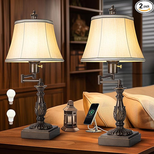 23.5" High Rustic Traditional 350° Adjustable Swing Arm Table Lamp Set of 2 with USB A+C Ports Brown Finish Cream Shade Vintage Nightstand lamp for Living Room Bedroom Office (Bulb Included)