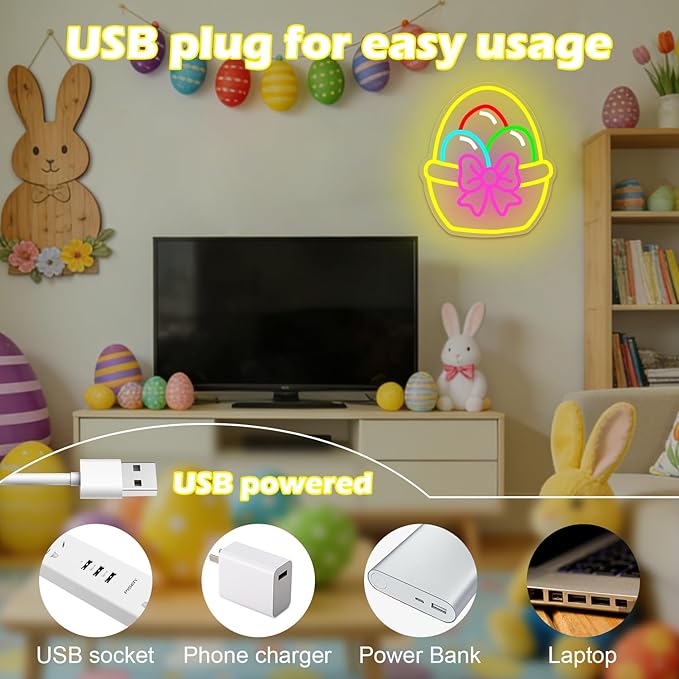 Easter Neon Sign Egg Basket LED Sign for Wall Decor USB Eggs Light Sign for Bar Kitchen Bedroom Easter Decorations Neon Wall Art Light Up Basket Sign for Wall Table Window Festive Decoration Gifts for Family Friends