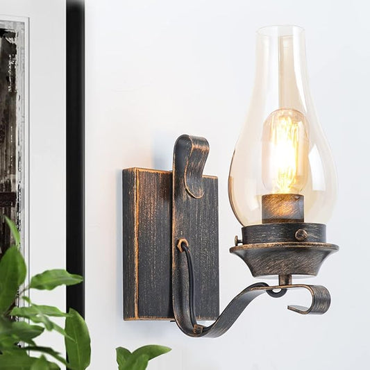 Yisuro Hardwired Wall Sconce,Oil Rubbed Bronze Hardwired Wall Sconce Indoor, Retro Rustic Wall Lamps with Amber Glass,Vintage Bedside Sconces Wall Lighting for Living Room Bathroom