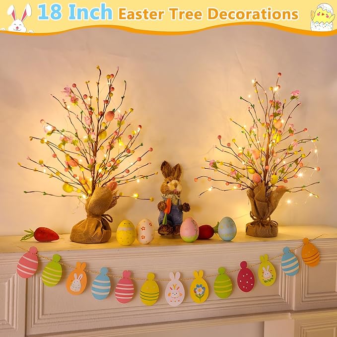 2 Pack & Timer - Easter Decorations, 18 Inch Lighted Easter Tree Tabletop with 20 LED Warm White Lights Pastel Eggs Floral Berries Battery Operated Easter Egg Tree Home Indoor Table Party Spring Decor