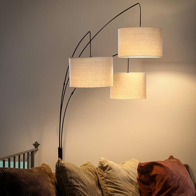 Brightech Trilage Arc Floor Lamp - Large Standing Lamp with 3 Fabric Shades & LED Bulbs for Living Room Over The Sofa, Reading, Multi-Head Traditional Tree Floor Lamp for Bedroom - Oil Rubbed Bronze