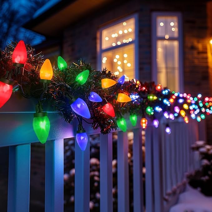 C7 100 LED Battery Operated Christmas Lights,Battery Powered Waterproofing Bulbs,34FT 8 Modes with Auto On/Off Time for Xmas Tree Garden Patio Indoor Outdoor Christmas Decor(Multicolor)