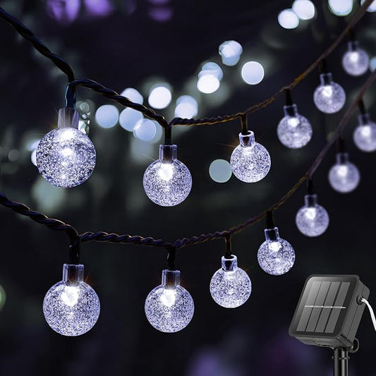 Metaku Solar String Lights for Outside, 36FT 60 LED Crystal Globe String Lights, Solar Powered Outdoor Lights with 8 Lighting Modes, Patio Hanging Lights for Garden, Camping and Party Décor Cool White