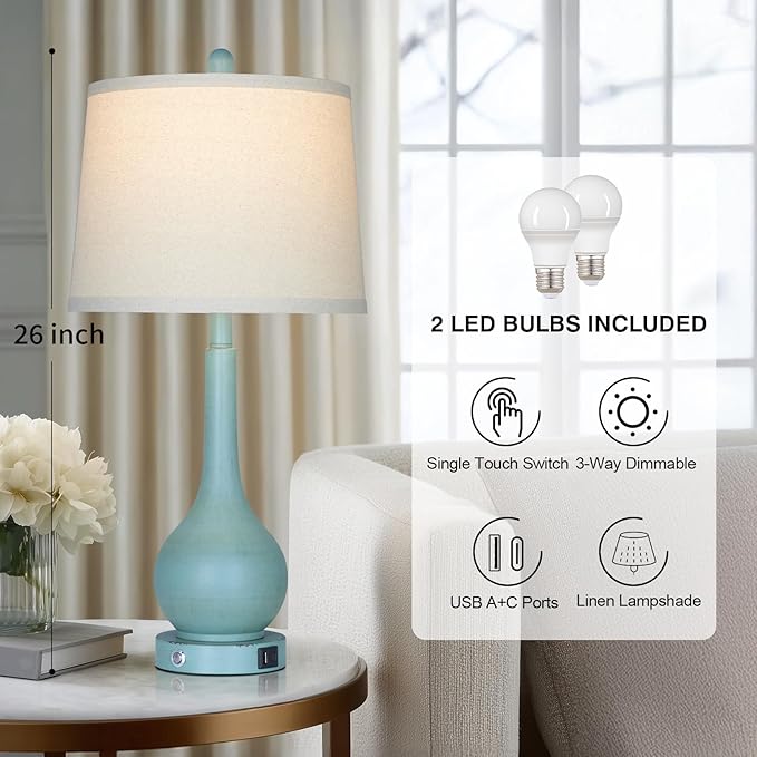 26" Coastal Table Lamps Set of 2, 3-Way Dimmable Touch Control Nightstand Lamps for Bedroom with USB A+C Ports, Modern Farmhouse Bedside Lamp for Living Room, Retro Blue (2 LED Bulbs Included)