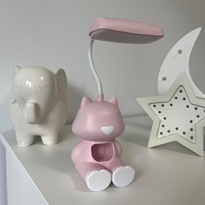 Cute Cat LED Desk Lamp with Phone Stand – Flexible Gooseneck, Rechargeable Battery, Small Organizer Compartment – Night Light for Kids' Rooms or Nursery (Pink)