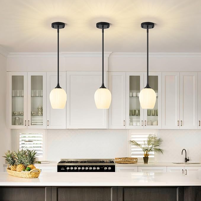 Milk Glass Pendant Lights Kitchen Island, 1-Light 5.8" Black Modern Pendant Light Fixtures with Rods, Mini Hanging Lighting for Kitchen Island Sink Bathroom Dining Room, E26 Base