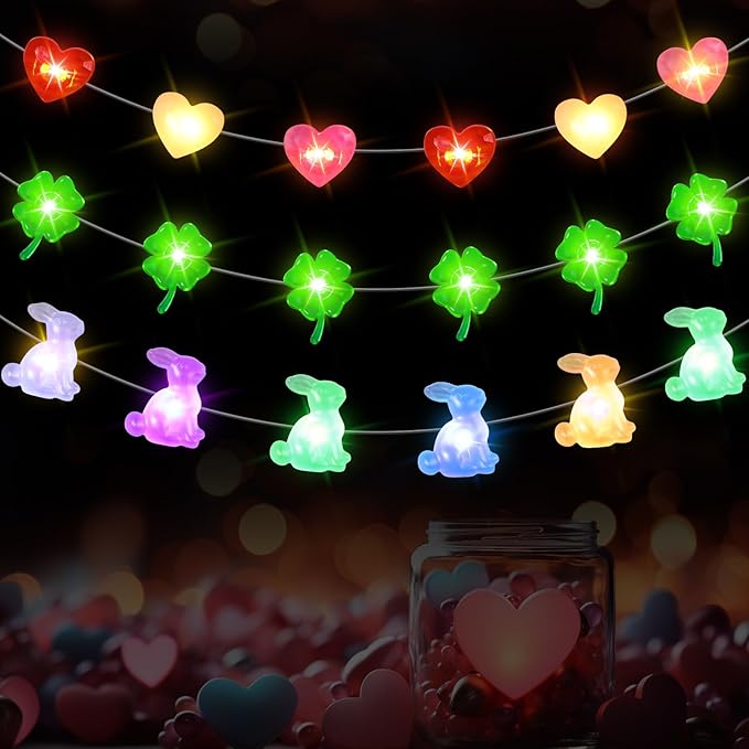 Capoda 3 Pcs Easter St. Patrick's Day String Lights Tricolor Heart Decoration Five Colors Bunny Green Lucky Four Leaf Clover Lights 30 ft 90 LEDs for Indoor Outdoor Holiday Decor