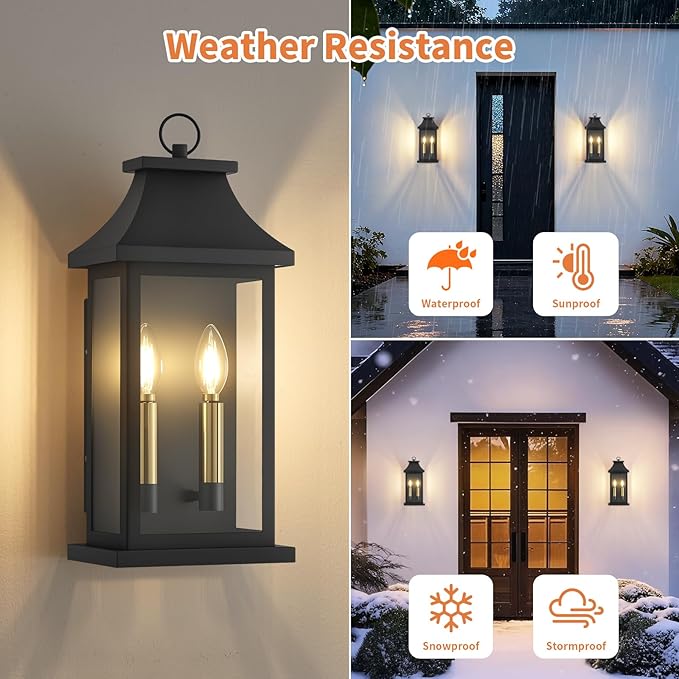 tewei 22'' Large Outdoor Wall Lights, Porch Light Outdoor Wall Sconce Lantern, 2-Light Black Exterior Lighting Fixture Wall Mount E12 Gold Base, Outside Light for House Backyard Garage, 2-Pack