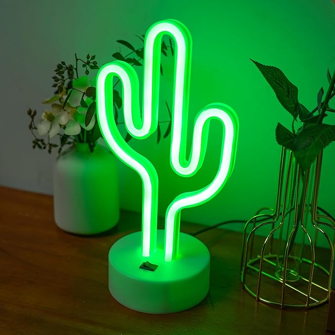 Green Cactus Neon Lights with Holder Base, Cactus Neon Signs for Bedroom, Tabletop, Bar, Birthday, Christmas Decor, Luau Summer, Mexican Party, Battery/USB Powered LED Night Light Children Gift