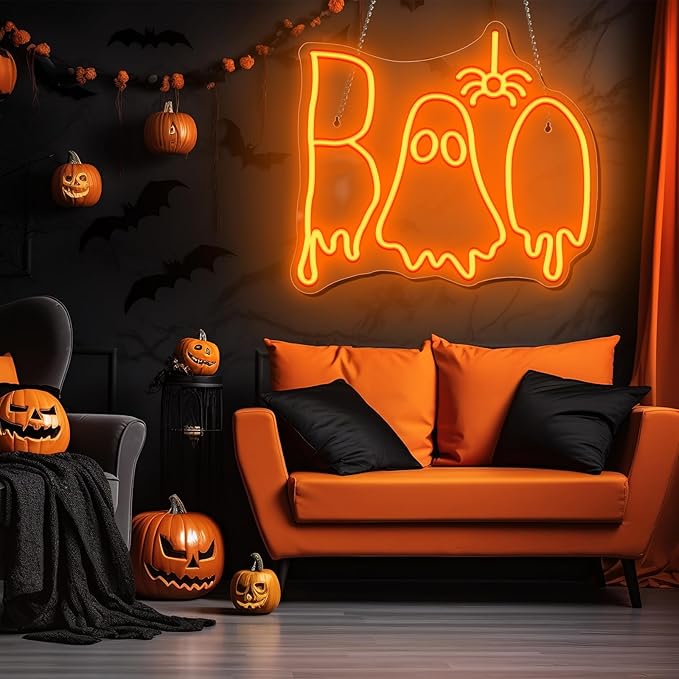 Halloween Boo Neon Sign, Spooky Ghost Neon Light Neon Signs, Dimmable Halloween Led Sign for Wall Bedroom Home Bar Halloween Party Decor Halloween Present for Trick or Treat Party Backdrop