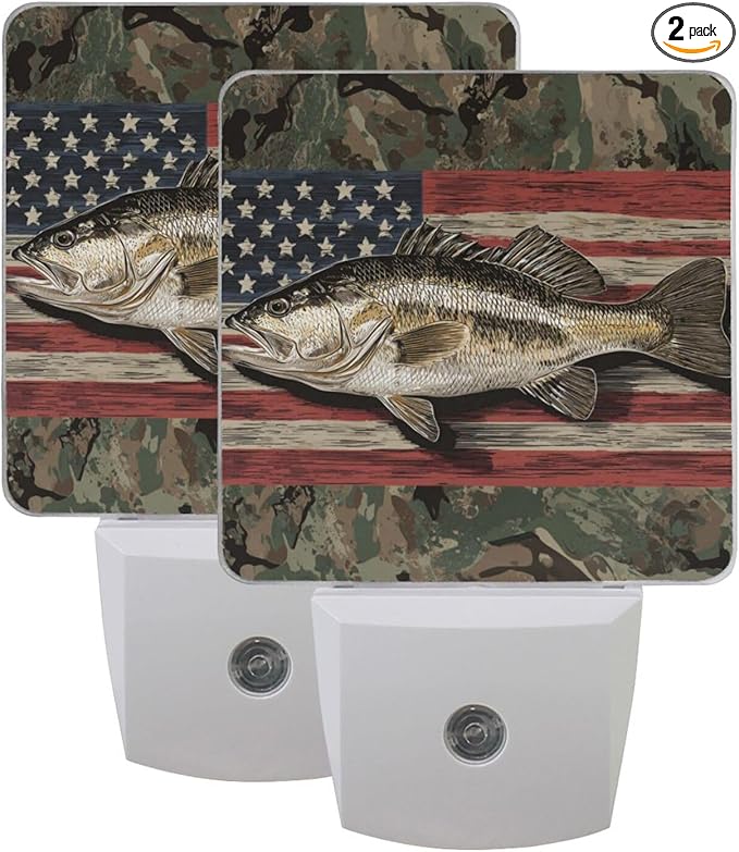 Camo Fish Night Light 2 Pack Dusk to Dawn Sensor Led Lamp for Women Retro American Flag Men Night Lights Plug into Wall Decor for Bedroom Kitchen Bathroom Corridor, 0.5W