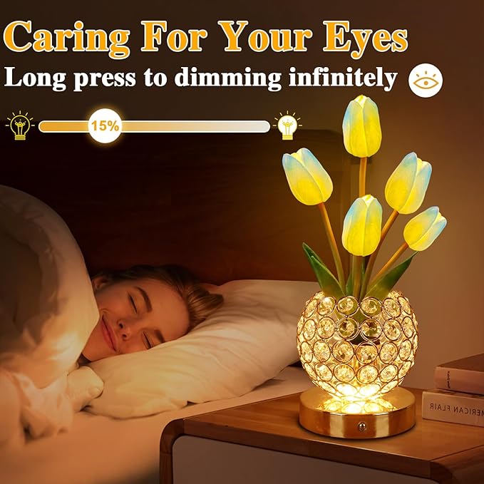 Birthday Gifts for Women/Mom Table Lamp, 3 Color Crystal Flower Bedside Lamps Infinitely Dimming with USB Charge Small Night Light,Nightstand Touch Lamp for Bedroom (u-BlueTulip)