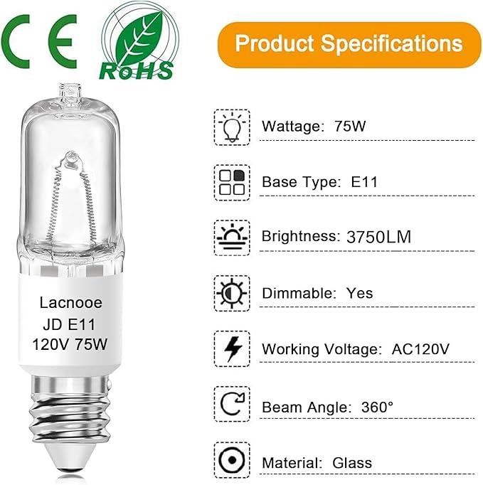 E11 Bulb, JDE11 120V 75W Halogen Light Bulbs, T4 Mini Candelabra Base, Dimmable 2700K Warm White, 4PCS E11 Light Bulb for Chandeliers, Candelabra, Ceiling Fan, Table Lamps, Cabinet Lighting