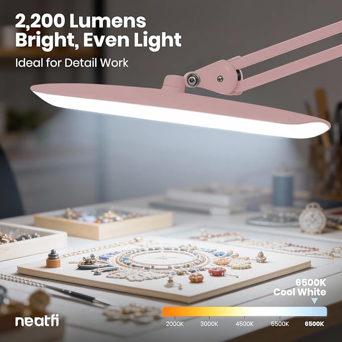 Neatfi XL 2200 Lumens 24W LED Desk Lamp with Clamp - Shadow-Free Task Lighting | 4-Level Dimming | Home Office & Crafts Use | 20-Inch Wide Head (Non-CCT, Rose Gold)
