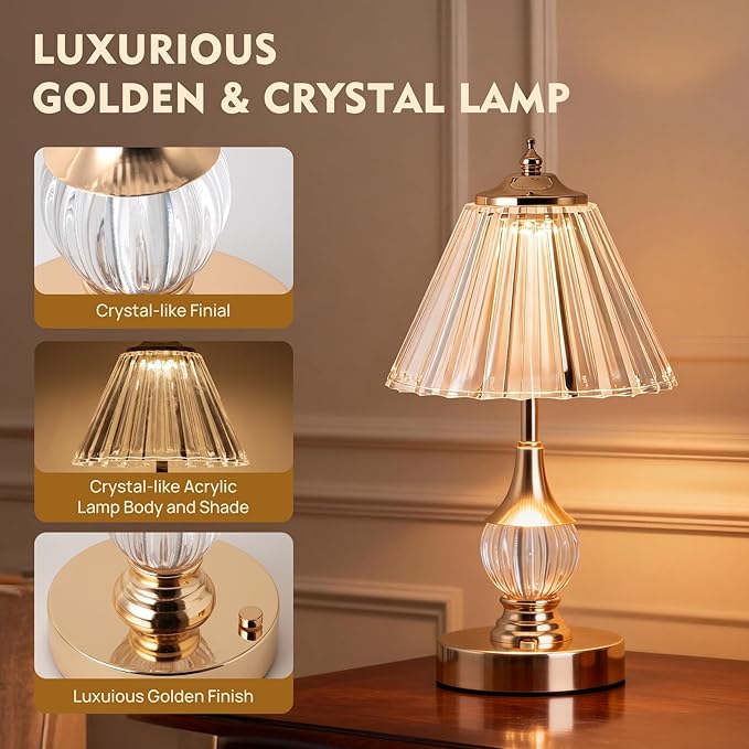 Vintage Gold Crystal Rechargeable Lamp Cordless, LED Touch Battery Operated Table Lamp, 3 Colors Dimmable Portable, Modern Home Decor, Bedroom, Bedside, Living Room, Kitchen, Pleated