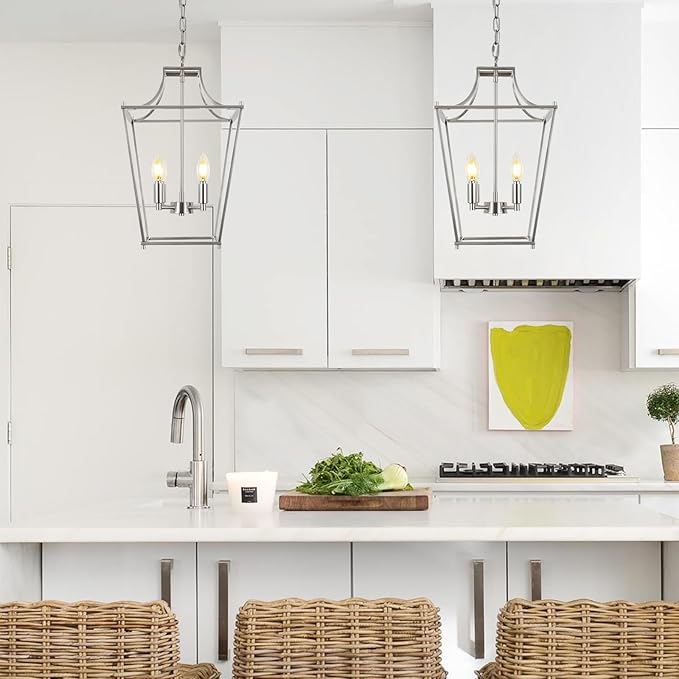 Lantern Pendant Lights, 12" Brushed Nickel Pendant Light Fixtures, 4-Light Adjustable Pendant Lighting for Kitchen Island Dining Room Living Room Foyer Stairway