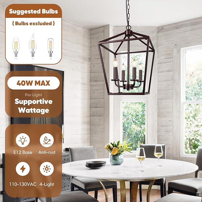 Farmhouse Chandelier 4-Light, Oil-Rubbed Bronze Pendant Light Fixture for Kitchen Island Dining Room, Lantern Industrial Lighting Ceiling Hanging with Metal Cage Adjustable Height for Entryway Foyer