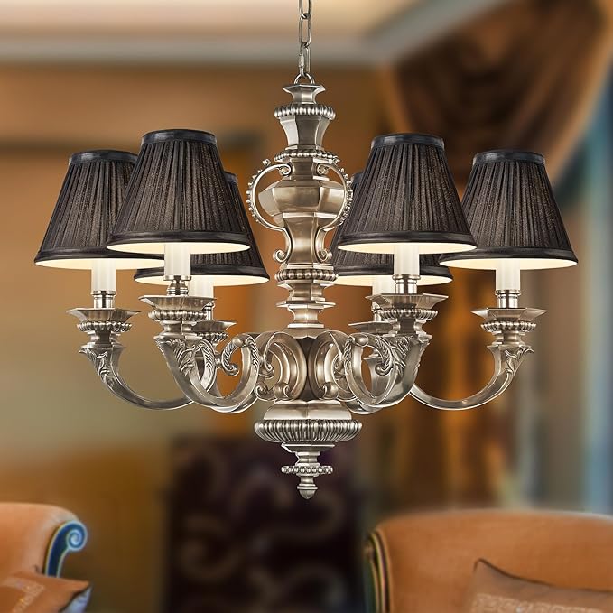 Chandelier Shades Set of 6,Mini Lamp Shade 3" Top x 6" Bottom x5" Slant,Small Lamp Shades Clip On Bulb,Pleated Chandelier Lamp Shades,Fabric Lampshades That Attach to The Bulb(Black)