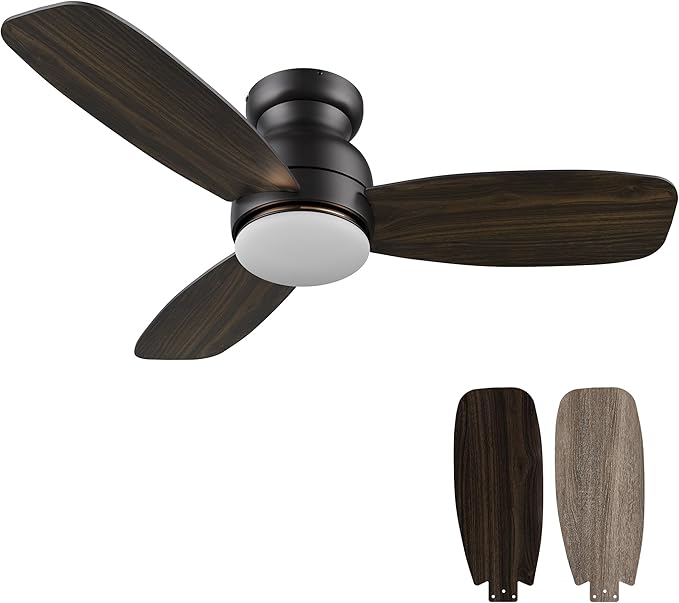 Carro Ceiling Fan with Lights, Indoor & Outdoor Ceiling Fan, 44" Low Profile DC Smart, Compatible with Alexa, Siri, Google Home & Smart APP, 2 Colors of Reversible Blades, Dark Walnut & Wood