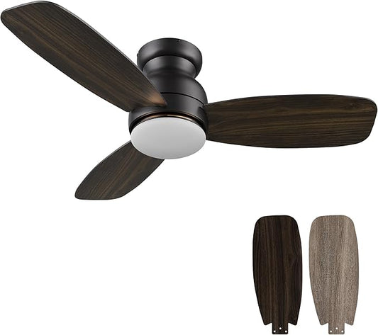 Carro Ceiling Fan with Lights, Indoor & Outdoor Ceiling Fan, 44" Low Profile DC Smart, Compatible with Alexa, Siri, Google Home & Smart APP, 2 Colors of Reversible Blades, Dark Walnut & Wood