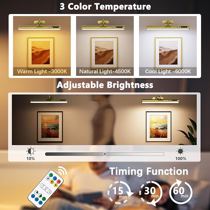 Motion Sensor Wireless Rechargeable Picture Light, Battery Operated Magnetic Art Wall Sconce with Remote Control, LED Picture Frame Lamp for Portrait Poster Painting Mirror Gallery (Antique Brass)
